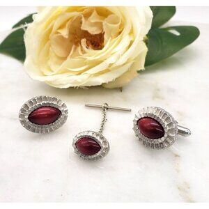 Vtg Garnet Pink Tiger's Eye Stone Fluted Silver Halo Cufflinks & Tie Tack Set